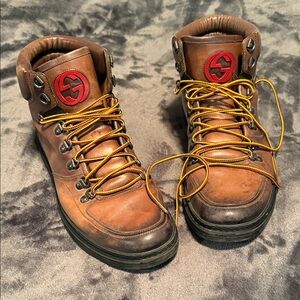 Gucci Brown Leather Men’s Hiking Boots with Red Logo and Yellow Laces